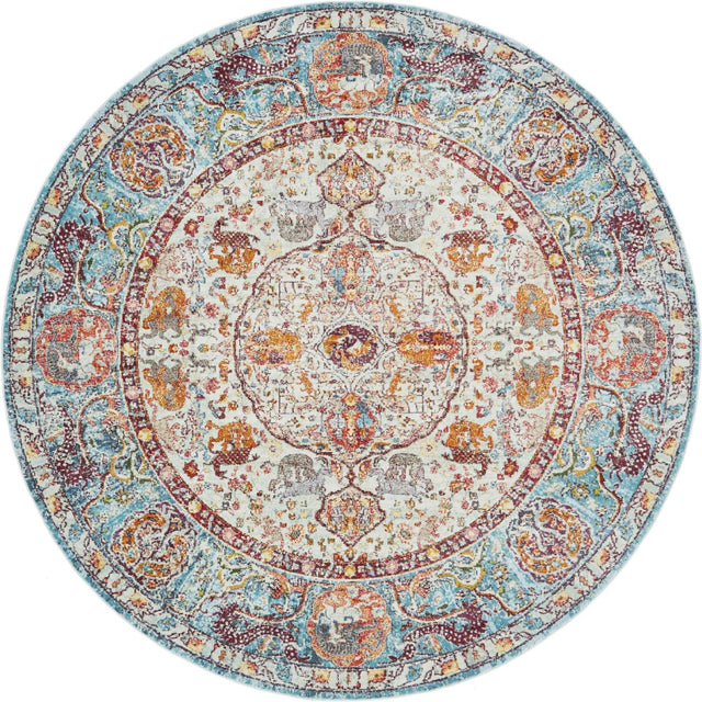 Light Blue 8' x 8' Baracoa Round Area Rug 100% Polypropylene Distressed Vintage Living Dining Room Office Traditional Carpet for Sale at Rug Engine