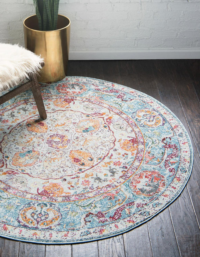 Light Blue 8' x 8' Baracoa Round Area Rug 100% Polypropylene Distressed Vintage Living Dining Room Office Traditional Carpet for Sale at Rug Engine