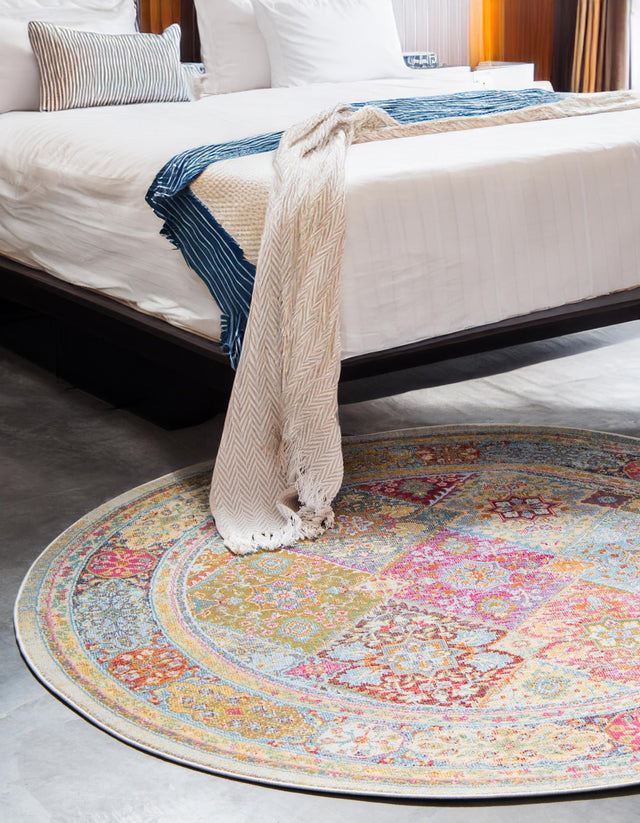 Multicolor 8' x 8' Baracoa Round Area Rug 100% Polypropylene Distressed Vintage Living Dining Room Office Traditional Carpet for Sale at Rug Engine