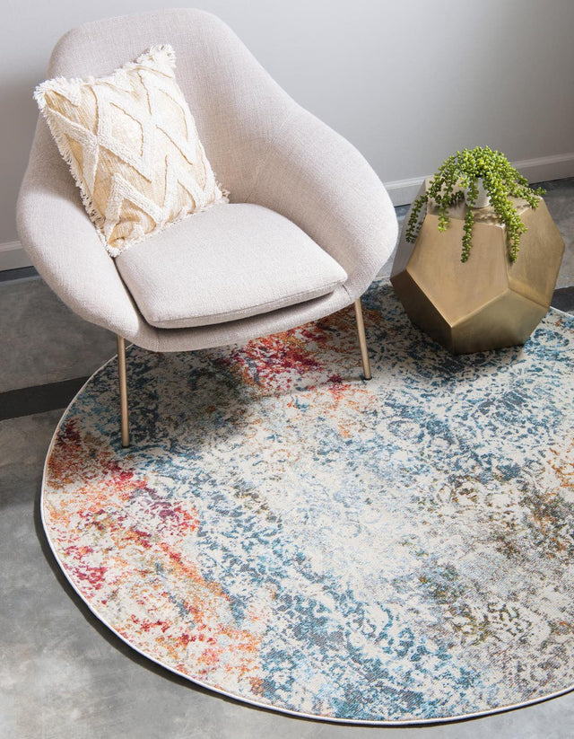 Cream 7' 1 x 7' 1 Baracoa Round Area Rug 100% Polypropylene Distressed Vintage Living Dining Room Office Traditional Carpet for Sale at Rug Engine