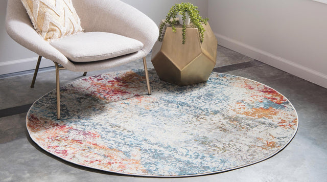 Cream 8' x 8' Baracoa Round Area Rug 100% Polypropylene Distressed Vintage Living Dining Room Office Traditional Carpet for Sale at Rug Engine