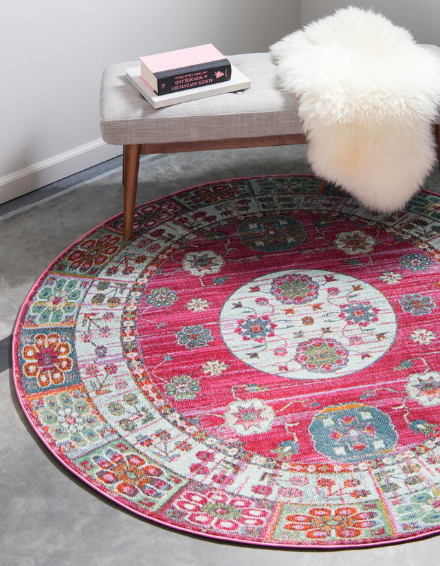 Pink 8' x 8' Baracoa Round Area Rug 100% Polypropylene Distressed Vintage Living Dining Room Office Traditional Carpet for Sale at Rug Engine