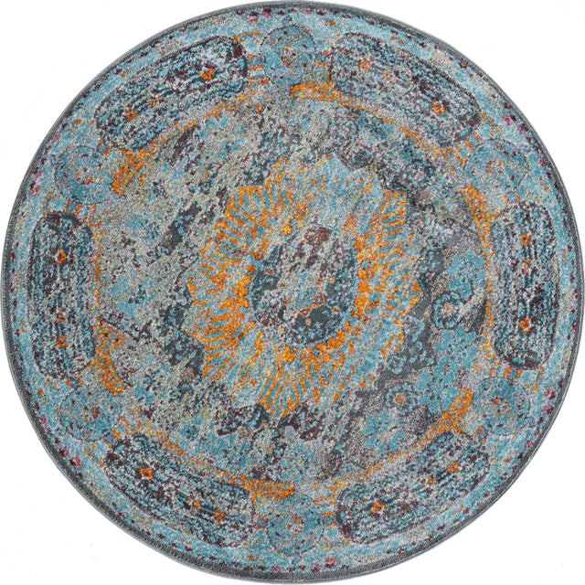 Blue 5' 5 x 5' 5 Baracoa Round Area Rug 100% Polypropylene Distressed Vintage Living Dining Room Office Traditional Carpet for Sale at Rug Engine