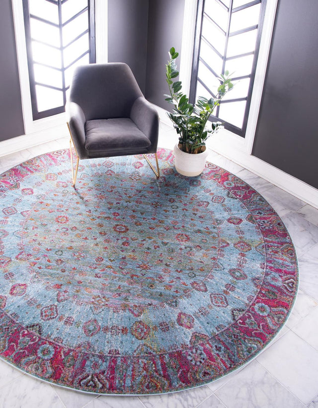 Blue 8' x 8' Baracoa Round Area Rug 100% Polypropylene Distressed Vintage Living Dining Room Office Traditional Carpet for Sale at Rug Engine
