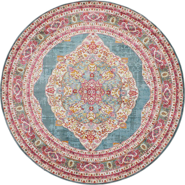 Turquoise 8' x 8' Baracoa Round Area Rug 100% Polypropylene Distressed Vintage Living Dining Room Office Traditional Carpet for Sale at Rug Engine