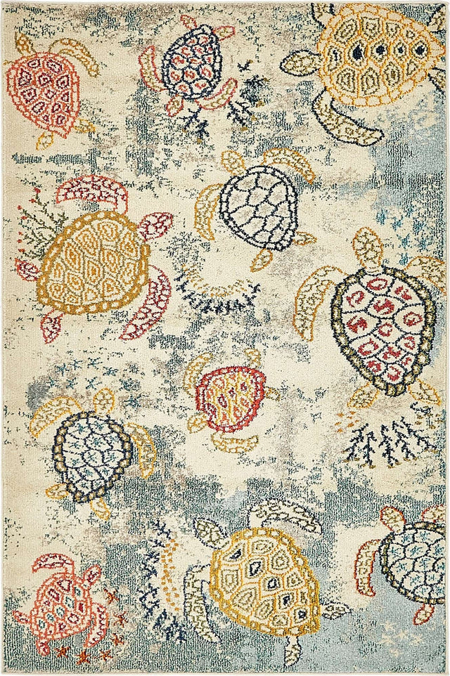 Beige 4' 1 x 6' 1 Positano Rectangle Area Rug Coastal Marine Beach Design Carpet for Modern Living Rooms, Dining, Bedroom, Office for Sale at Rug Engine