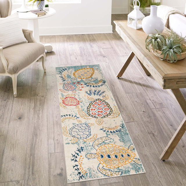 Beige 2' x 8' Positano Runner Area Rug Coastal Marine Beach Design Carpet for Modern Living Rooms, Dining, Bedroom, Office for Sale at Rug Engine