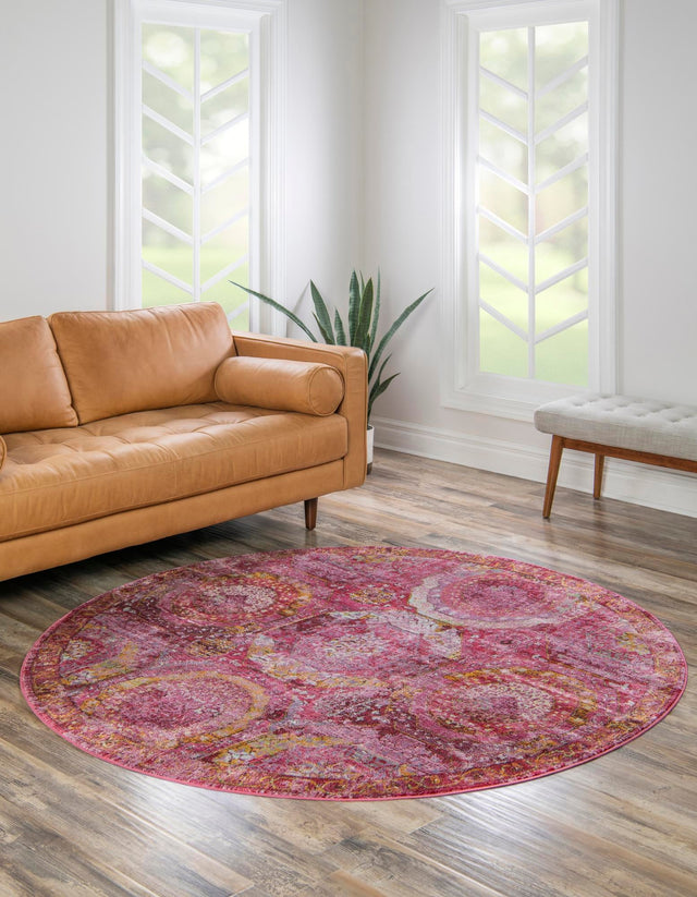 Pink 4' x 4' Baracoa Round Area Rug 100% Polypropylene Distressed Vintage Living Dining Room Office Traditional Carpet for Sale at Rug Engine