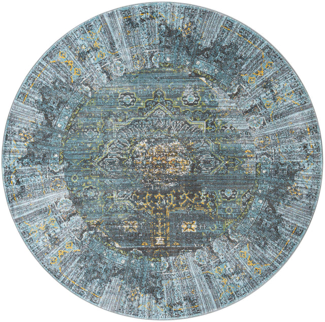 Turquoise 8' x 8' Baracoa Round Area Rug 100% Polypropylene Distressed Vintage Living Dining Room Office Traditional Carpet for Sale at Rug Engine