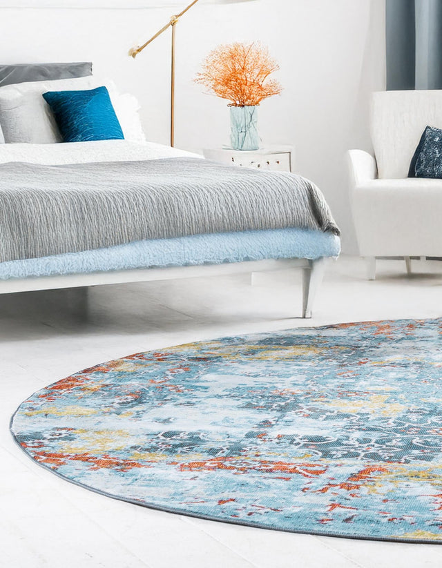 Blue 8' x 8' Baracoa Round Area Rug 100% Polypropylene Distressed Vintage Living Dining Room Office Traditional Carpet for Sale at Rug Engine