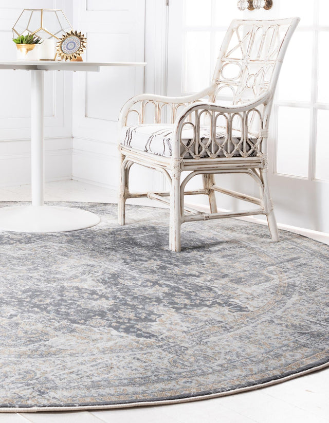 Fume Gray 7' x 7' Baracoa Round Area Rug 100% Polypropylene Distressed Vintage Living Dining Room Office Traditional Carpet for Sale at Rug Engine