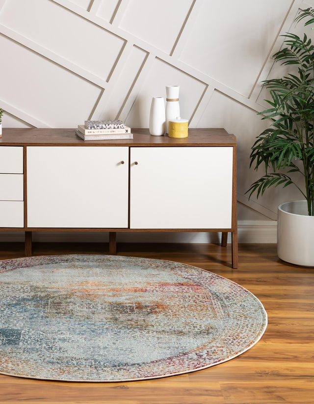 Multicolor 8' x 8' Baracoa Round Area Rug 100% Polypropylene Distressed Vintage Living Dining Room Office Traditional Carpet for Sale at Rug Engine