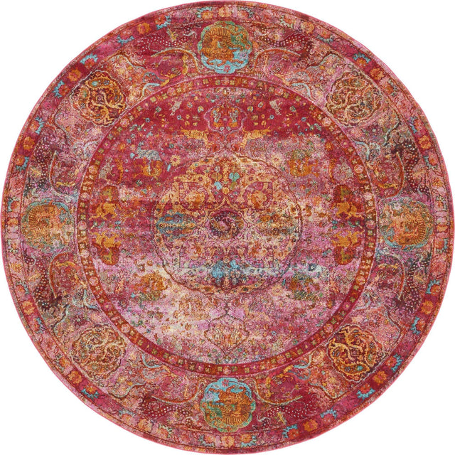 Red 8' x 8' 4 Baracoa Round Area Rug 100% Polypropylene Distressed Vintage Living Dining Room Office Traditional Carpet for Sale at Rug Engine