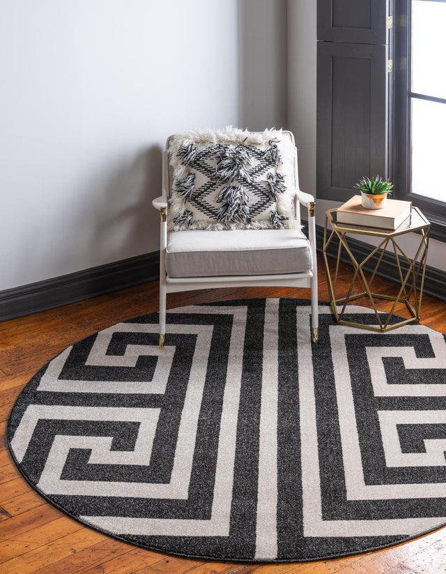 Black 6' 1 x 6' 1 Athens Round Area Rug 100% Polypropylene With Cotton Backing Easy Clean Indoor Living Dining Room Bedroom Office Carpet for Sale at Rug Engine