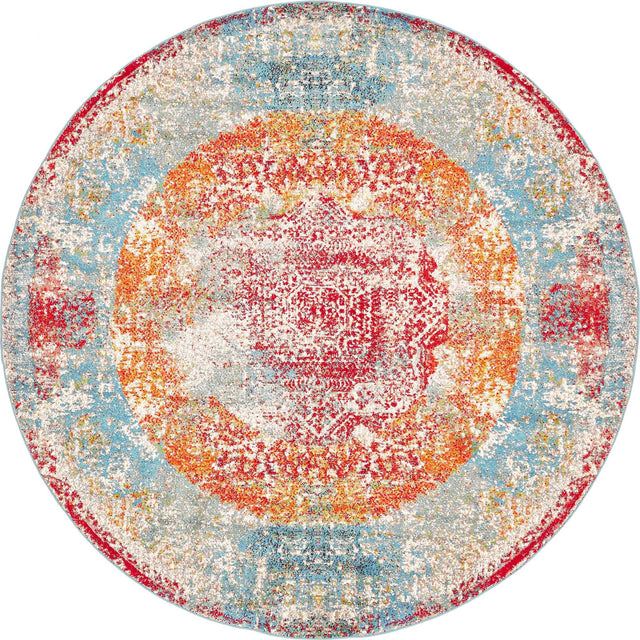 Multicolor 8' x 8' Rosso Round Area Rug Vintage Distressed Faded Traditional Design Carpet for Unique Home Interior Design for Sale at Rug Engine