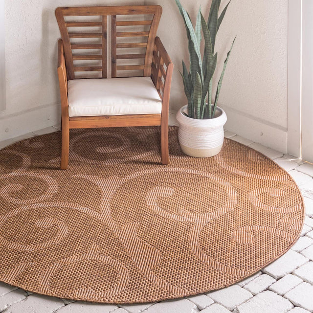 Brown 6' 1 x 6' 1 Outdoor Botanical Round Area Rug Weather Resistant for Patio, Deck, Terrace, Balcony, Porch Polypropylene Garden Floral Tropical Carpet for Sale at Rug Engine