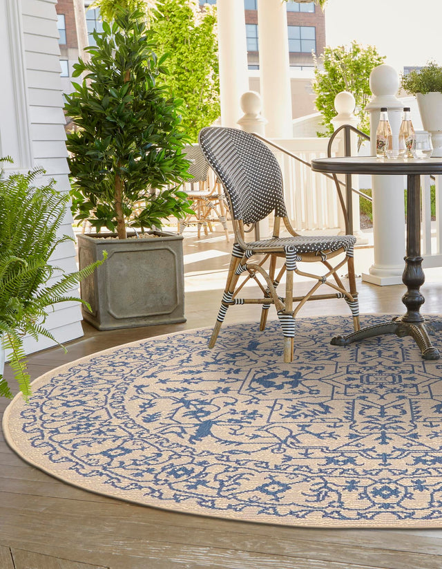 Beige and Blue 6' 1 x 6' 1 Outdoor Botanical Round Area Rug Weather Resistant for Patio, Deck, Terrace, Balcony, Porch Polypropylene Garden Floral Tropical Carpet for Sale at Rug Engine