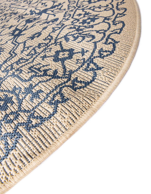 Beige and Blue 6' 1 x 6' 1 Outdoor Botanical Round Area Rug Weather Resistant for Patio, Deck, Terrace, Balcony, Porch Polypropylene Garden Floral Tropical Carpet for Sale at Rug Engine