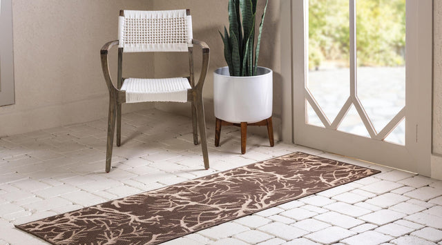 Brown 2' x 6' 1 Outdoor Botanical Runner Area Rug Weather Resistant for Patio, Deck, Terrace, Balcony, Porch Polypropylene Garden Floral Tropical Carpet for Sale at Rug Engine