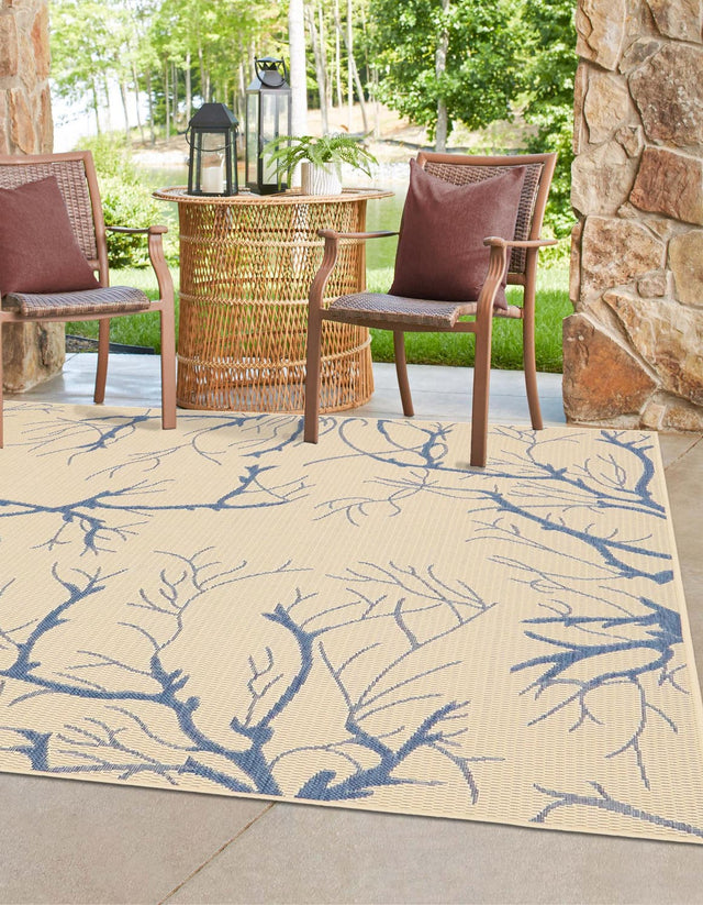 Beige and Blue 6' 1 x 6' 1 Outdoor Botanical Square Area Rug Weather Resistant for Patio, Deck, Terrace, Balcony, Porch Polypropylene Garden Floral Tropical Carpet for Sale at Rug Engine