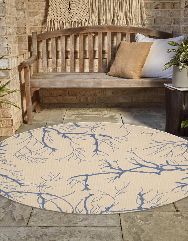 Beige and Blue 6' 1 x 6' 1 Outdoor Botanical Round Area Rug Weather Resistant for Patio, Deck, Terrace, Balcony, Porch Polypropylene Garden Floral Tropical Carpet for Sale at Rug Engine