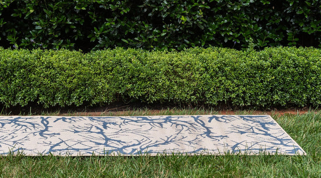 Beige and Blue 2' x 6' 1 Outdoor Botanical Runner Area Rug Weather Resistant for Patio, Deck, Terrace, Balcony, Porch Polypropylene Garden Floral Tropical Carpet for Sale at Rug Engine