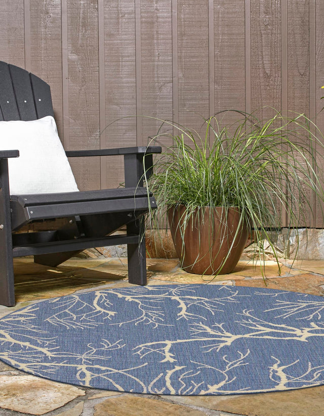 Blue 6' 1 x 6' 1 Outdoor Botanical Round Area Rug Weather Resistant for Patio, Deck, Terrace, Balcony, Porch Polypropylene Garden Floral Tropical Carpet for Sale at Rug Engine