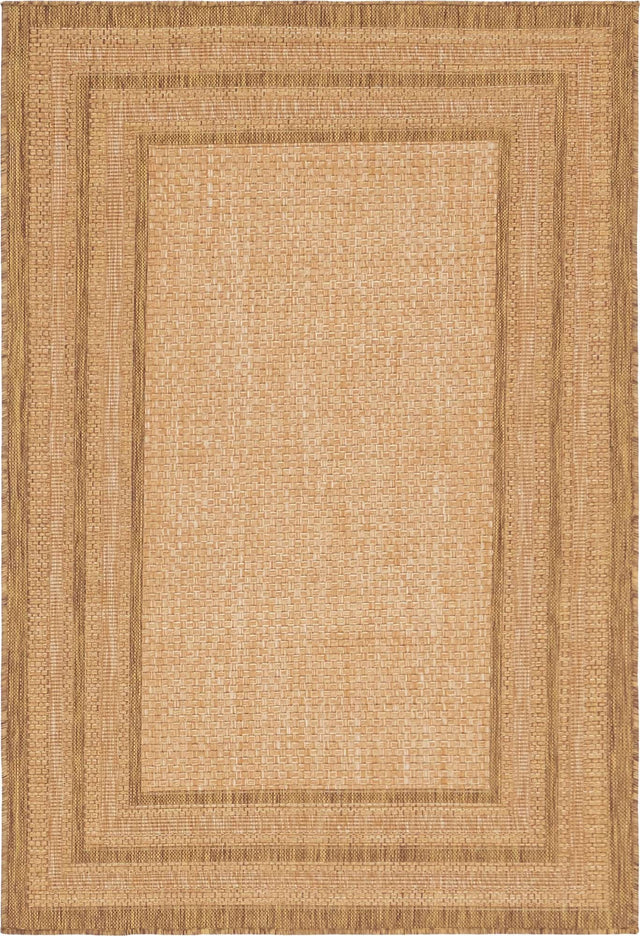 Tan 4' 1 x 6' 1 Outdoor Border Rectangle Area Rug Weather Resistant for Patio, Deck, Terrace, Balcony, Porch