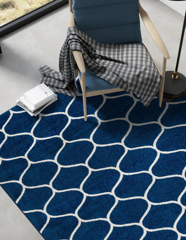 Navy Blue 7' 10 x 10' Trellis Frieze Rectangle Area Rug Geometric Modern Unique Stain Resistant Easy Clean Carpet for Living, Dining, Bedrooms, Office for Sale at Rug Engine