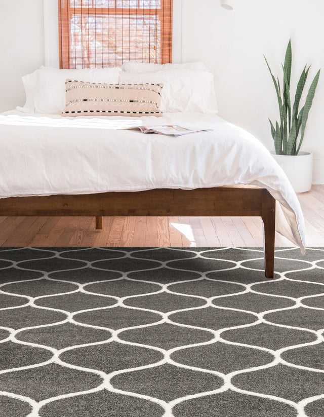 Dark Gray 7' 10 x 10' Trellis Frieze Rectangle Area Rug Geometric Modern Unique Stain Resistant Easy Clean Carpet for Living, Dining, Bedrooms, Office for Sale at Rug Engine