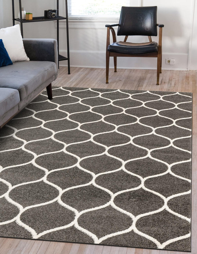 Dark Gray 7' 10 x 10' Trellis Frieze Rectangle Area Rug Geometric Modern Unique Stain Resistant Easy Clean Carpet for Living, Dining, Bedrooms, Office for Sale at Rug Engine