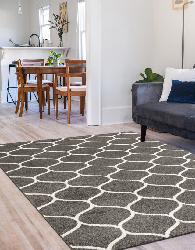 Dark Gray 7' 10 x 10' Trellis Frieze Rectangle Area Rug Geometric Modern Unique Stain Resistant Easy Clean Carpet for Living, Dining, Bedrooms, Office for Sale at Rug Engine