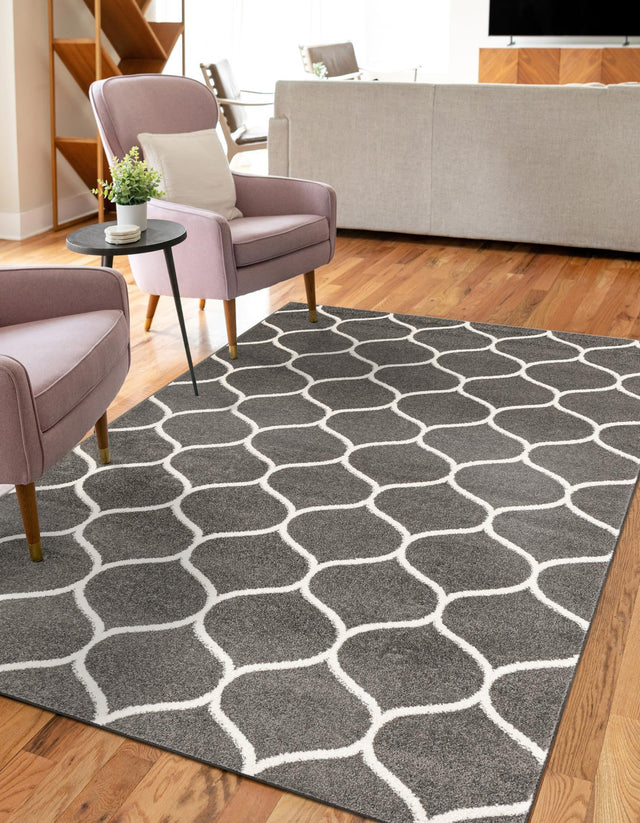 Dark Gray 7' 10 x 10' Trellis Frieze Rectangle Area Rug Geometric Modern Unique Stain Resistant Easy Clean Carpet for Living, Dining, Bedrooms, Office for Sale at Rug Engine