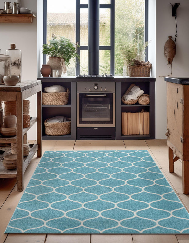 Light Blue 7' 10 x 11' Trellis Frieze Rectangle Area Rug Geometric Modern Unique Stain Resistant Easy Clean Carpet for Living, Dining, Bedrooms, Office for Sale at Rug Engine