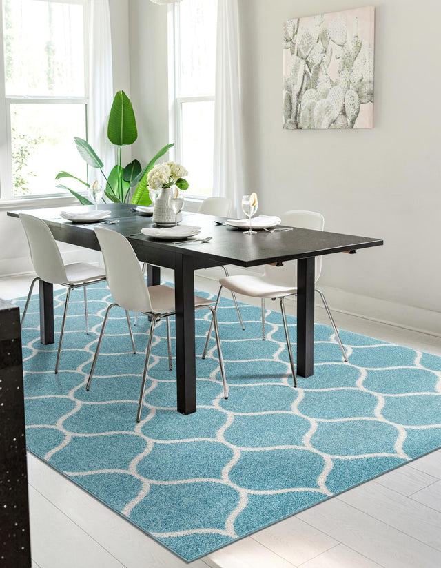 Light Blue 7' 10 x 11' Trellis Frieze Rectangle Area Rug Geometric Modern Unique Stain Resistant Easy Clean Carpet for Living, Dining, Bedrooms, Office for Sale at Rug Engine