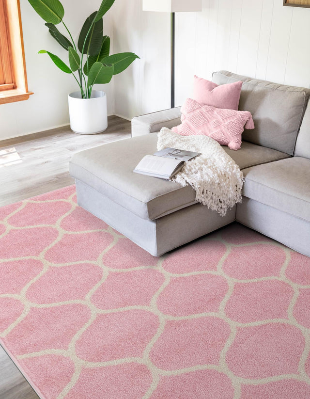 Light Pink 9' x 12' Trellis Frieze Rectangle Area Rug Geometric Modern Unique Stain Resistant Easy Clean Carpet for Living, Dining, Bedrooms, Office for Sale at Rug Engine