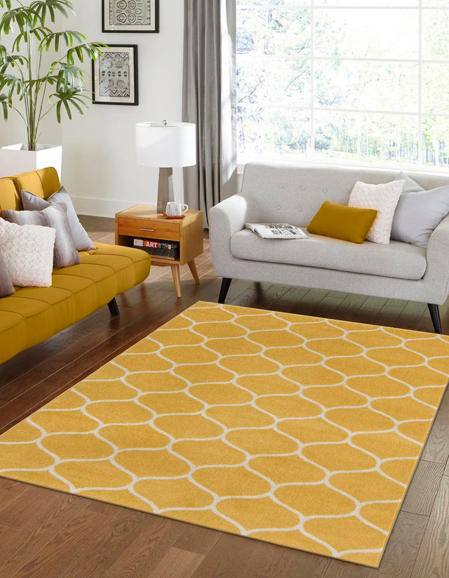 Yellow 7' 10 x 10' Trellis Frieze Rectangle Area Rug Geometric Modern Unique Stain Resistant Easy Clean Carpet for Living, Dining, Bedrooms, Office for Sale at Rug Engine