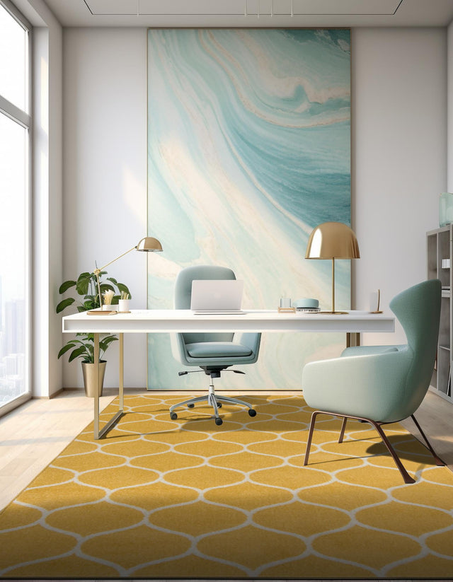 Yellow 7' 10 x 10' Trellis Frieze Rectangle Area Rug Geometric Modern Unique Stain Resistant Easy Clean Carpet for Living, Dining, Bedrooms, Office for Sale at Rug Engine