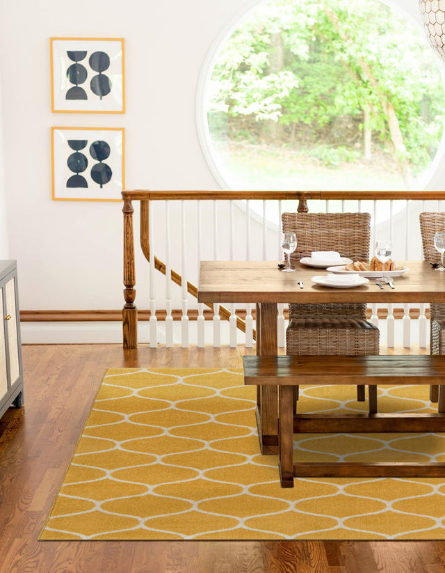Yellow 7' 10 x 10' Trellis Frieze Rectangle Area Rug Geometric Modern Unique Stain Resistant Easy Clean Carpet for Living, Dining, Bedrooms, Office for Sale at Rug Engine