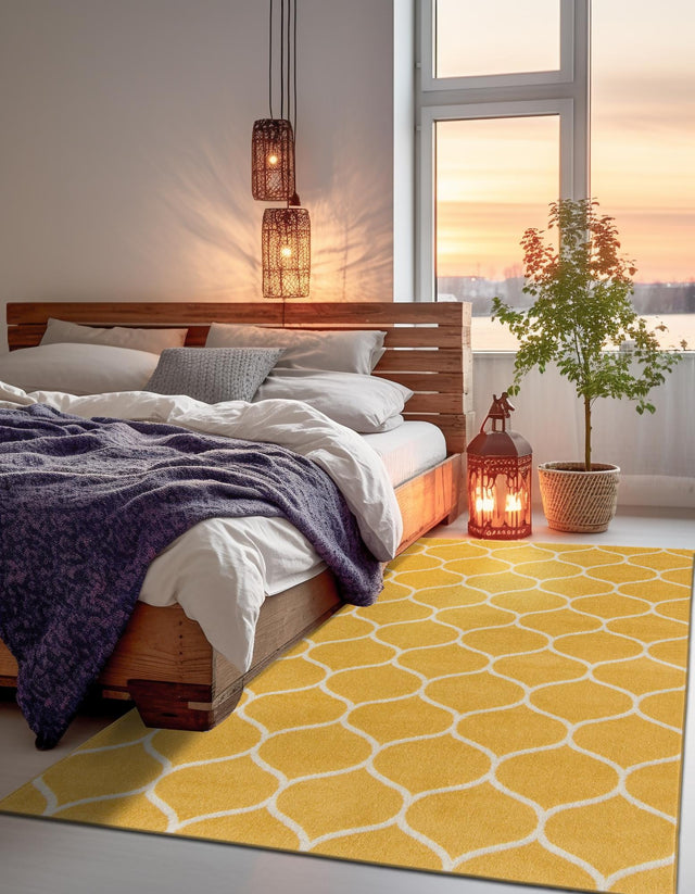 Yellow 7' 10 x 10' Trellis Frieze Rectangle Area Rug Geometric Modern Unique Stain Resistant Easy Clean Carpet for Living, Dining, Bedrooms, Office for Sale at Rug Engine