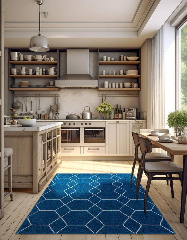 Navy Blue 10' x 13' 1 Trellis Frieze Rectangle Area Rug Geometric Modern Unique Stain Resistant Easy Clean Carpet for Living, Dining, Bedrooms, Office for Sale at Rug Engine