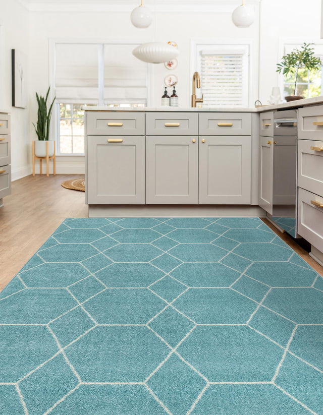 Light Blue 3' 1 x 5' 3 Trellis Frieze Rectangle Area Rug Geometric Modern Unique Stain Resistant Easy Clean Carpet for Living, Dining, Bedrooms, Office for Sale at Rug Engine