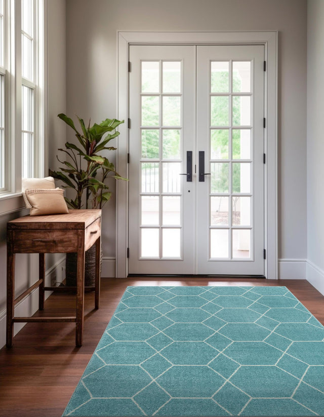 Light Blue 3' 1 x 5' 3 Trellis Frieze Rectangle Area Rug Geometric Modern Unique Stain Resistant Easy Clean Carpet for Living, Dining, Bedrooms, Office for Sale at Rug Engine
