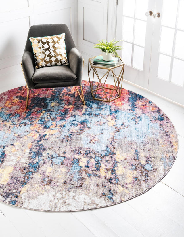 Multicolor 8' x 8' Jill Zarin Downtown Round Area Rug 100% Polyester (Space-Dyed Yarn) Abstract Modern Colorful Vivid Carpet for Home Interior Design for Sale at Rug Engine