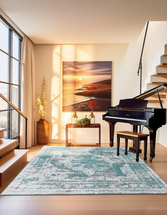 Turquoise 7' 10 x 7' 10 Sofia Square Area Rug Durable Easy Clean Stain Resistant Unique Carpet for Affordable Interior Home Design for Sale at Rug Engine