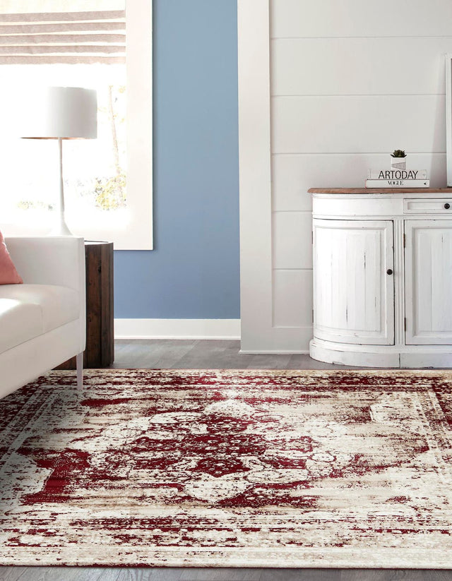 Burgundy 7' 10 x 7' 10 Sofia Square Area Rug Durable Easy Clean Stain Resistant Unique Carpet for Affordable Interior Home Design for Sale at Rug Engine