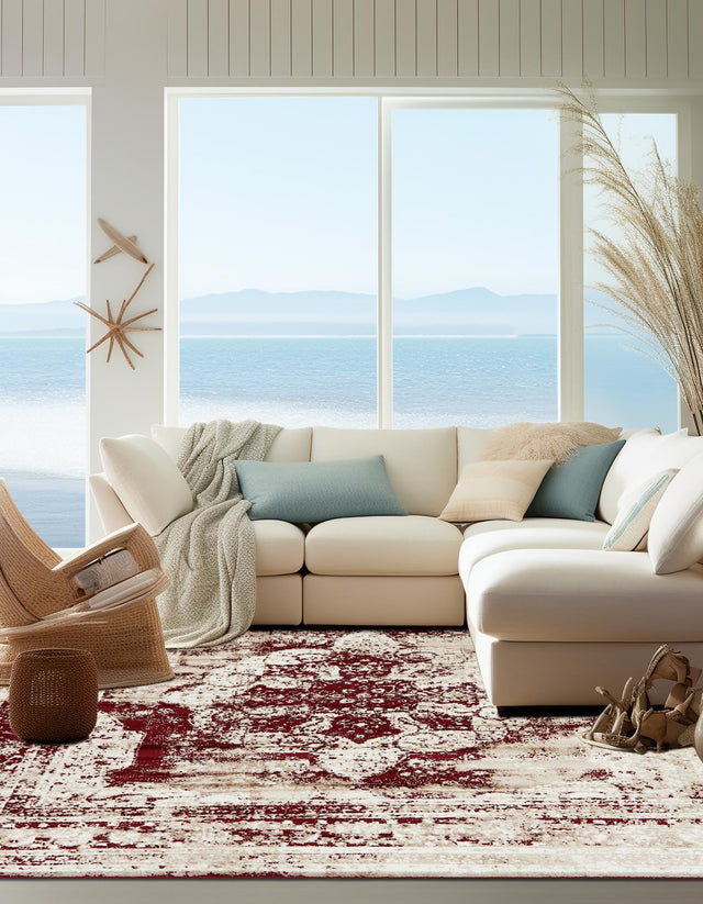 Burgundy 7' 10 x 7' 10 Sofia Square Area Rug Durable Easy Clean Stain Resistant Unique Carpet for Affordable Interior Home Design for Sale at Rug Engine