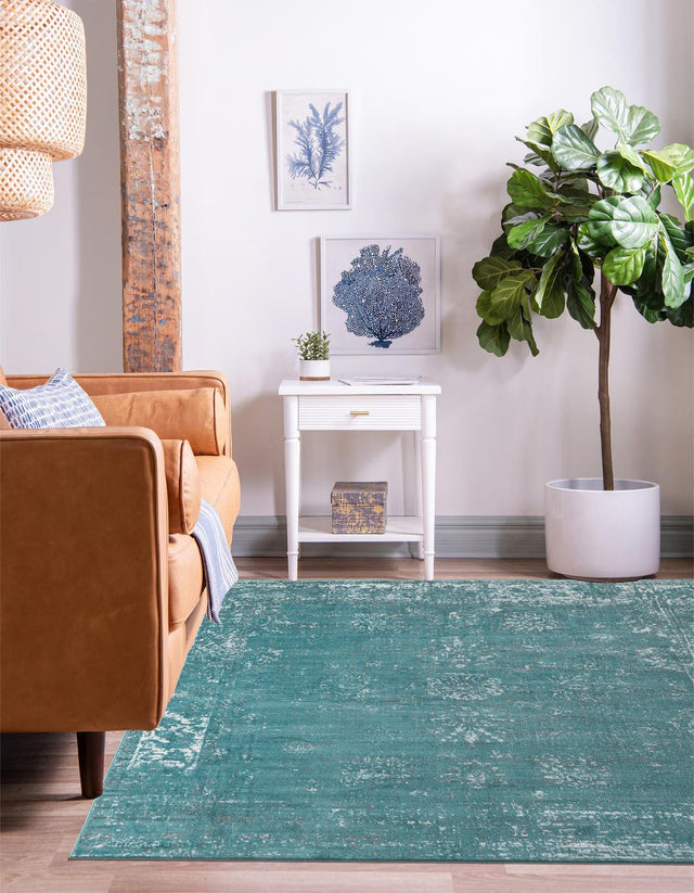 Turquoise 7' 10 x 7' 10 Sofia Square Area Rug Durable Easy Clean Stain Resistant Unique Carpet for Affordable Interior Home Design for Sale at Rug Engine