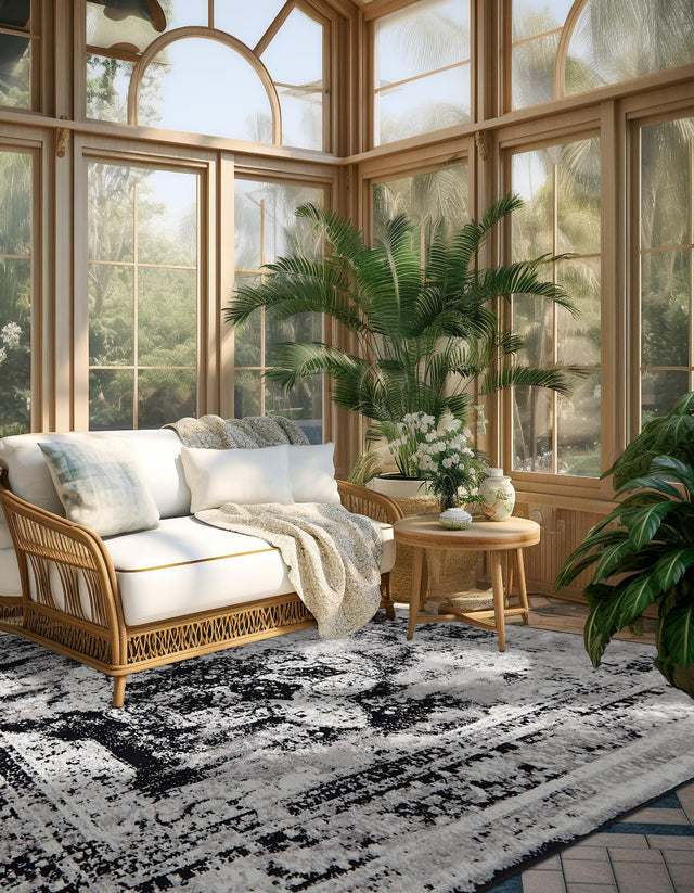 Black 7' 10 x 7' 10 Sofia Square Area Rug Durable Easy Clean Stain Resistant Unique Carpet for Affordable Interior Home Design for Sale at Rug Engine