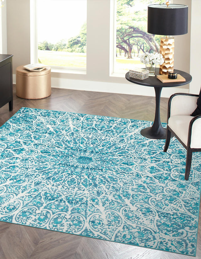 Turquoise 7' 10 x 7' 10 Sofia Square Area Rug Durable Easy Clean Stain Resistant Unique Carpet for Affordable Interior Home Design for Sale at Rug Engine